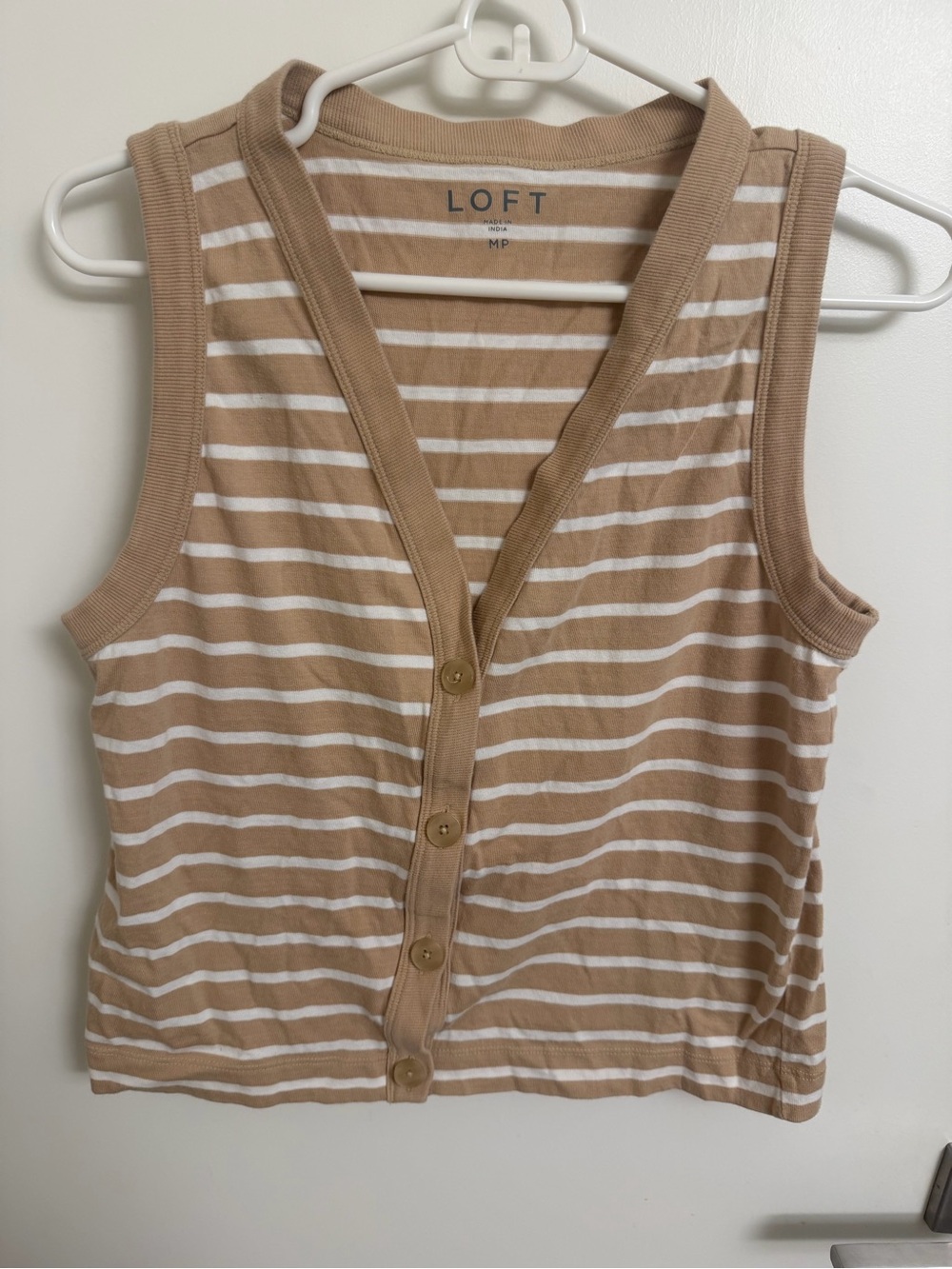 LOFT Beige and White Striped Button-Front Tank